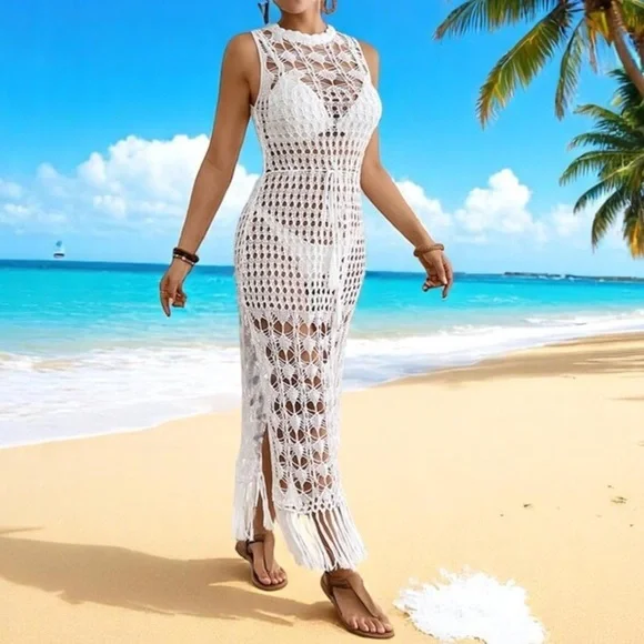 Boho White Fringe Crochet Cover Up - Picture 6 of 8